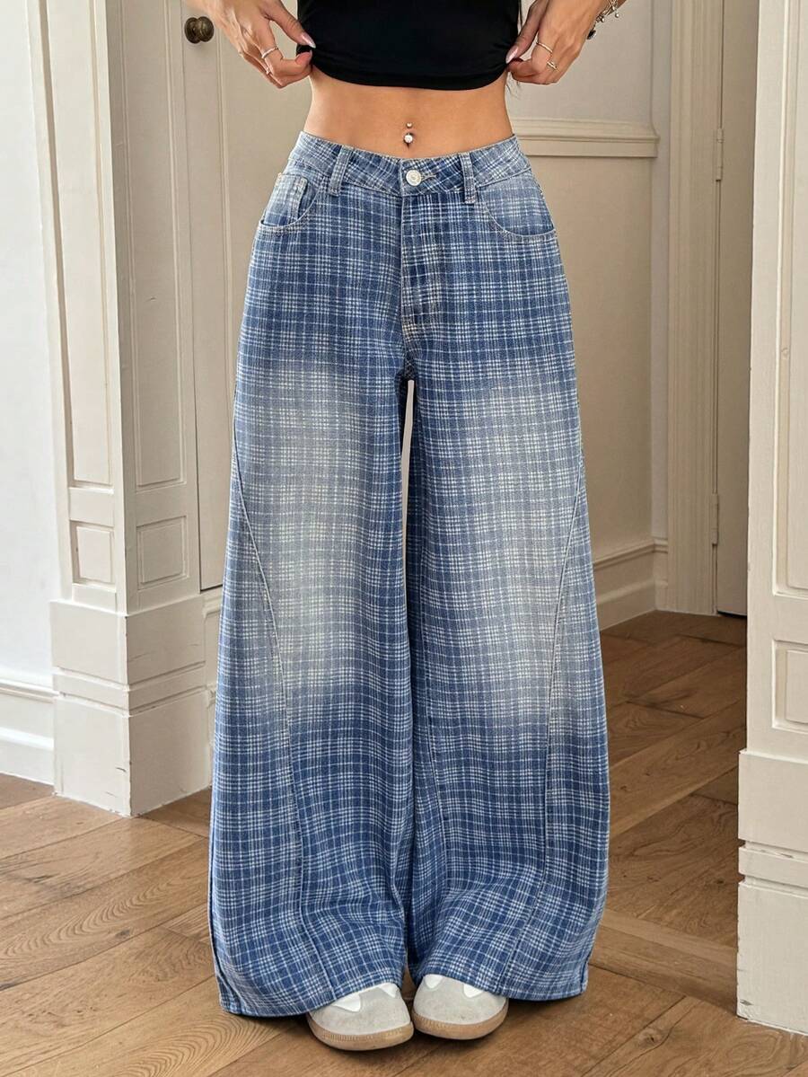 Rivivi Women's Casual Commuting College Style Patterned Washed Loose Wide-Leg Jeans - Blue - View 1