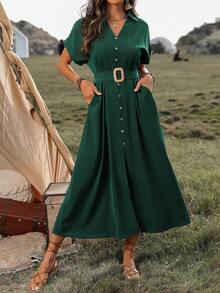 EMERY ROSE Women's V-Neck Button Detail Slit Dress Maxi Women Outfit - Dark Green - View 3