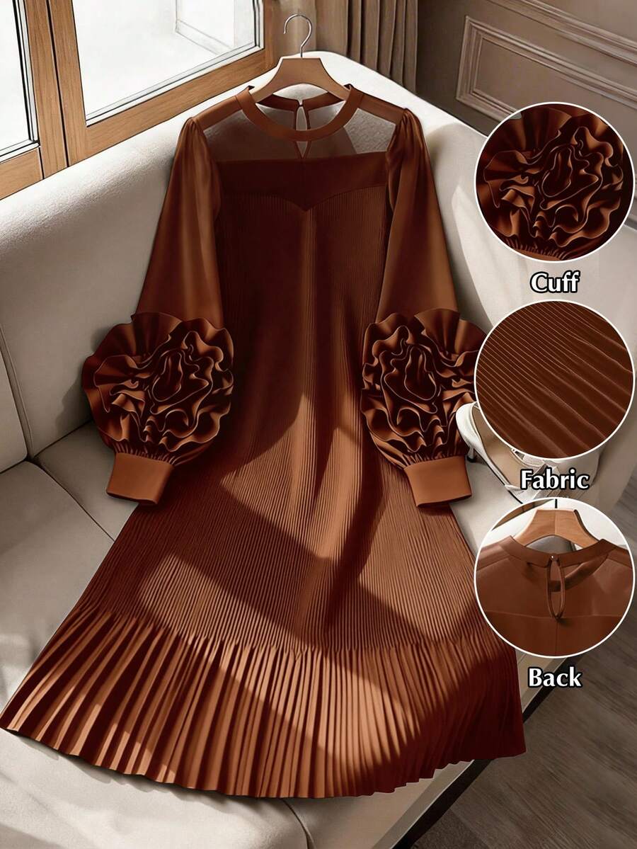 GlowEve CURVE Đầm dài tay xếp ly họa tiết hoa 3D cổ tròn màu trơn cỡ lớn, thanh lịch, dành cho người có vóc dáng đầy đặn. - màu nâu - Xem 1