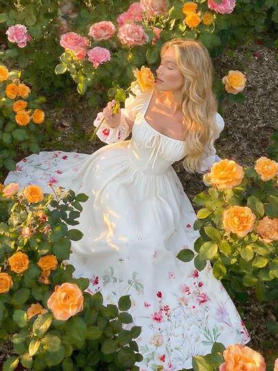 SHEIN MOD Women's Floral Print Square Neck Dress With Long Sleeves, Vacation Outfits Woman, Boho Dress Women, Spring/Summer,Valentine Dress,Elegant Dresses For Party ,Wedding Guest Dress,Resort Wear Women,Floral Dresses For Women,Tea Party Dress, White Floral Dress Women, Milkmaid Dress Women, Garden Party Dress, Sundress With Sleeves, Garden Dress, Boho White Dress, Cottagecore Dress, Bohemian White Dress,Cottagecore Dress,Wedding Guest Dress For Women ,Graduation Dress,Beach Vacation Outfits For Women