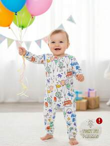 返校季时尚男婴白色底生日派对主题彩色涂鸦数码印花紧身长袖双拉链连体衣贴身男婴拉链睡衣秋冬 - 白色 - 查看 1