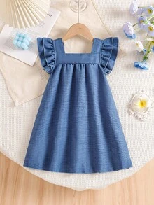 SHEIN Elladie kids 女童藏蓝色方领短袖蝴蝶结装饰宽松A字连衣裙，适合休闲、海滩、度假穿着，夏季款 - 寶藍色 - 查看 3