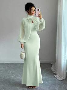 Elenzga Bộ váy dạ hội thanh lịch, sang trọng, quyến rũ dành cho nữ, gồm áo tay dài màu hồng nhạt đính cườm thủ công, và váy ôm sát dáng đuôi cá duyên dáng. - màu xanh lá - Xem 5