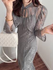 FRIFUL 女士深灰色薄纱蕾丝系带腰身两件套，商务休闲假日装扮 - 灰色 - 查看 6