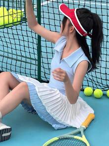 DAZY Bộ đồ thể thao mùa hè cho bé gái, gồm áo không tay có cổ và chân váy xếp ly. - Màu xanh lam - Xem 3