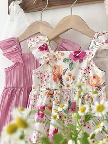Playful Pals 2pcs/Set Baby GirlPlaid & Floral Print Ruffle Sleeve Button Front Dress, Cute For Summer Vacation - Pink - View 7