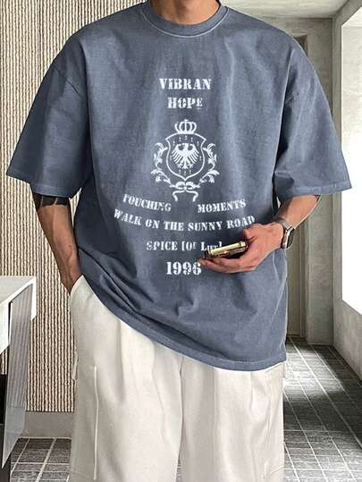 DAZY 男士字母印花水洗复古风圆领蓝色T恤，夏季