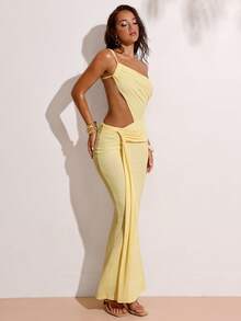 SHEIN BAE Women's Casual Vacation Ruched Waist Hollow Out Drawstring Oblique Shoulder Maxi Sexy Elegant Dress, Suitable For Beach Vacation, Girlfriend Gathering, Cocktail Party, Brunch Party, Birthday Party, Wedding, Yellow Dress, Sexy Yellow Dress - Light Yellow - View 6