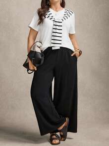 Zelara Plus Size Women's Black And White Striped Short Sleeve Knot 2 In 1 T-Shirt And Wide Leg Pants Set,Summer Smart Casual Vacation Commute Pant Suit - Black and White - View 3