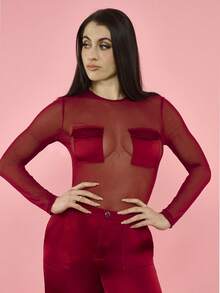 OverBlushhh Women's Sheer Mesh Stretch Bodycon Cargo Style Bodysuit With Satin Pocket Detail, Long Sleeve Round Neck High Cut Snap Button Sexy Top For Valentine's Day, Valentines, Party, Night Out, Weekend Wear - Red - View 1