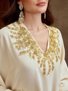 ZEYLAH WOMEN'S EMBROIDERED SEQUIN BEADED V-NECK BATWING SLEEVE LOOSE ARABIC STYLE DRESS - Apricot - View 2