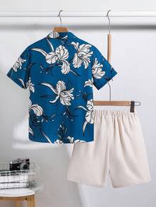 SHEIN 2 Stück/Set Tween-Jungen Lässig Urlaubs Kurzarm Blumen Hemd & Shorts Set, geeignet für Pendeln, Schule, Alltag, Sport, Frühling/Sommer, Urlaub, Strand - Grün - Übersicht 4