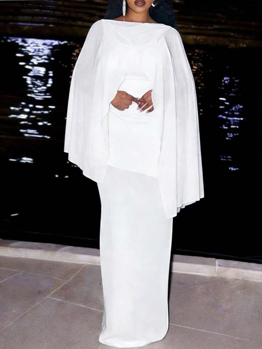 Veslaya Đầm maxi dài ôm sát, cổ chữ V, vạt bất đối xứng, chất liệu lưới xuyên thấu, co giãn, thích hợp cho mùa Xuân/Hè và các dịp lễ hội - Dành cho nữ cỡ lớn. - trắng - Xem 1