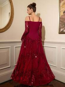 Modelyn Elegant Off-Shoulder Sequin Patchwork Long Sleeve Dress, Luxury Shiny Formal Party Gown For Women - Burgundy - View 7