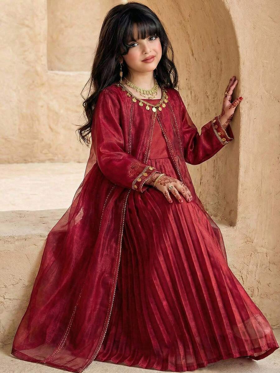 SHEIN Tween Girl Elegant Long Sleeve Jacket & Dress Set - Red - View 1