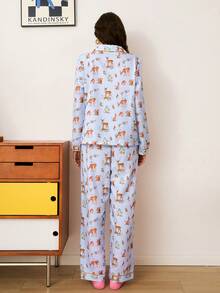 Deer & Rabbit Print Casual Vacation Long Sleeve Lapel Women Pajama Set - Multicolor - View 2