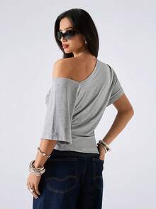 LYSMO 2026 新款极简主义春季/新款女士纯色不对称领口褶皱修身时尚T恤，夏季 - 灰色 - 查看 2