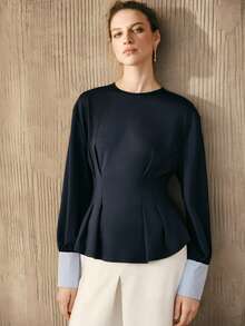 Arave 女士收腰落肩褶皱拼接设计休闲通勤衬衫 - 藍色 - 查看 6