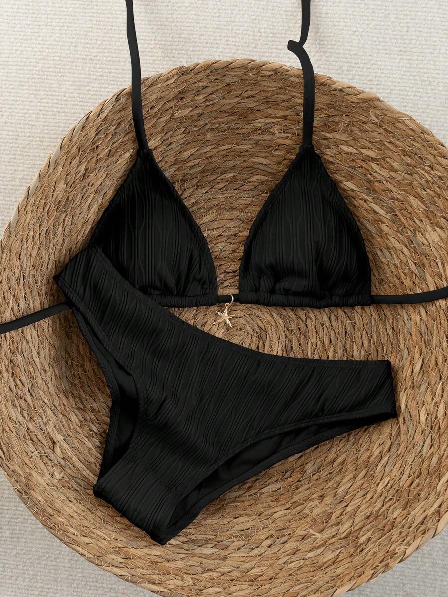 Swim Vcay 2026 Spring/Summer Women's Polka Dot Print Halter Neck Swimwear With High Cut Bottoms, 2-Piece Bikini Set Halter Bikini Bathing Suits For Women Black Bikini Set Black Textured Bikini Ribbed Bikini - Black - View 1