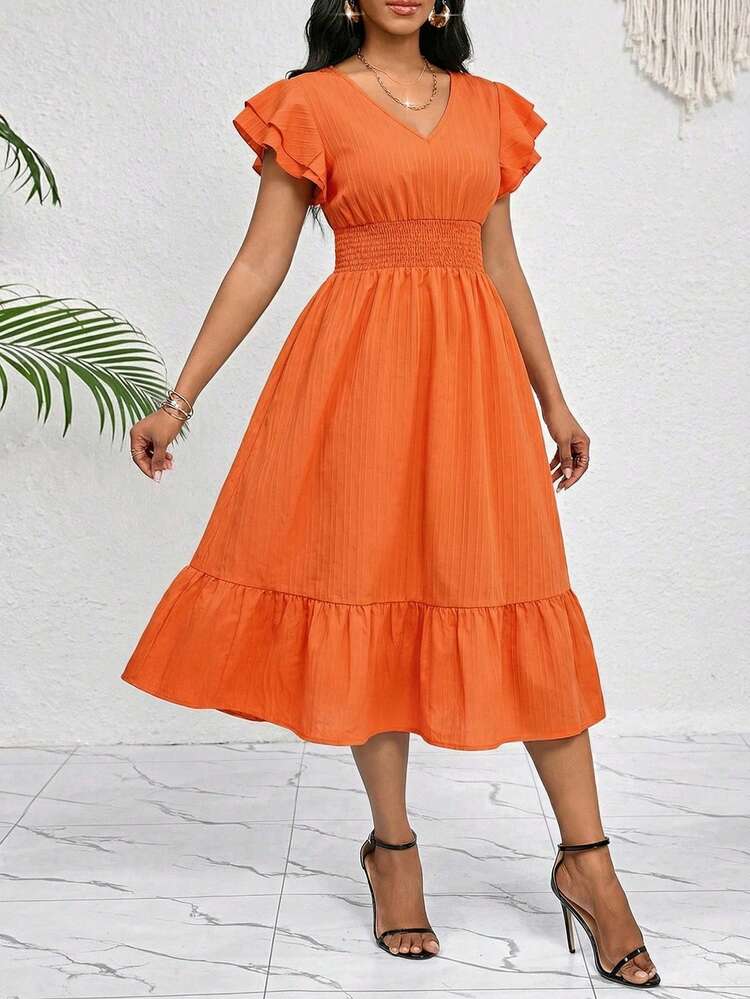 SHEIN Lady Women's Solid Color Shirred Cap Sleeve Ruffle Waist Fashionable  Mini Dress Beach Dress Summer Dress Vacation Outfits Women Orange Dress  Women's Dresses Ruffle Sleeve Dress Smocked Waist Dress Midi Dress