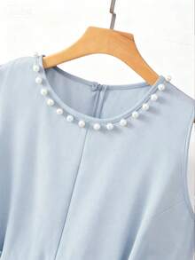 GlowEve CURVE 大码女装两件套：优雅黑色撞色珍珠串珠饰边V领长袖开衫外套和圆领珍珠装饰长裙，适合秋冬季休闲、工作和聚会穿着。 - 淺藍色 - 查看 8