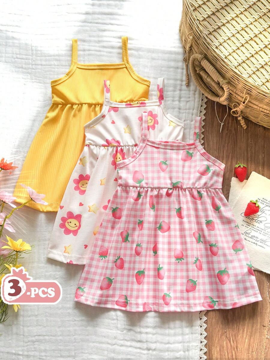 SHEIN Vintaside Kids 3件套女婴夏季碎花无袖连衣裙和纯色连衣裙，田园风格，时尚可爱 - 彩色 - 查看 1