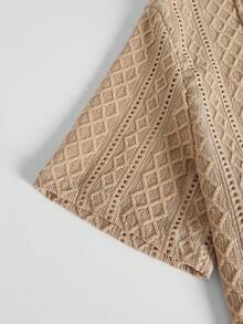 TOKVUE 男士几何提花单排扣休闲短袖衬衫 - 卡其色 - 查看 4