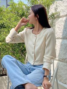 DAZY Solid Button Front Crop Blouse,Long Sleeve Tops Fall - Beige - View 7