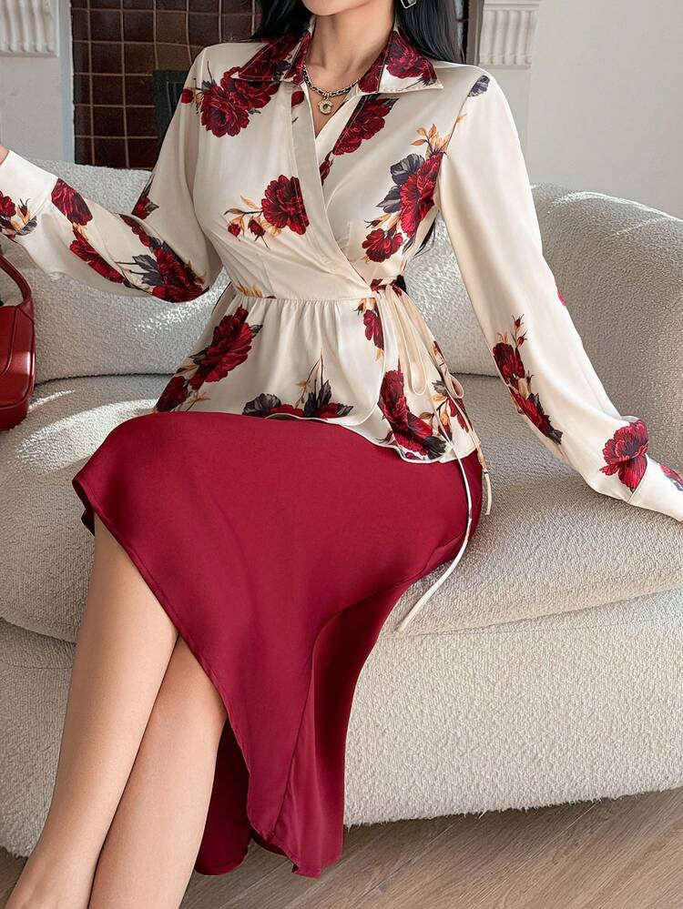 Women's Elegant Floral Print Shirt With Tie Waist Skirt 2-Piece Set, Summer,Wedding Guest Dress Women