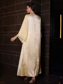 Đầm kiểu Ả Rập thanh lịch với tay áo xếp tầng hai lớp và cổ áo đính hạt, thích hợp cho mùa xuân/hè. - Màu be - Xem 3