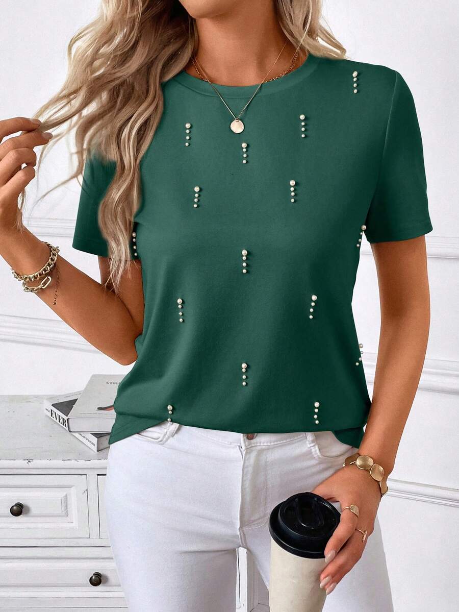 SHEIN LUNE Áo thun nữ tay ngắn dáng regular với họa tiết hạt cườm lấp lánh. - Màu xanh lá cây đậm - Xem 1
