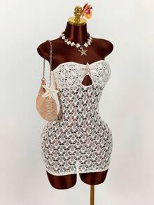 Amplova 女士钩针编织迷你连衣裙，饰有金属海星图案，性感透视，适合海滩度假 - 杏色 - 查看 6