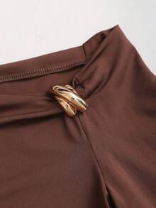 Sweetra Spring/Summer New Arrival Boat Neck Pleated Asymmetric Hem Top & Long Skirt Set, Fashionable Casual - Brown - View 4