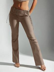 Denimoi Belted Fit & Flare Lace Up Side Mid Rise Pant - Khaki - View 4