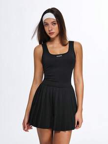 Eassivo Eassivo Đầm thể thao nữ không tay màu trơn, kiểu dáng thường ngày - màu đen - Xem 1