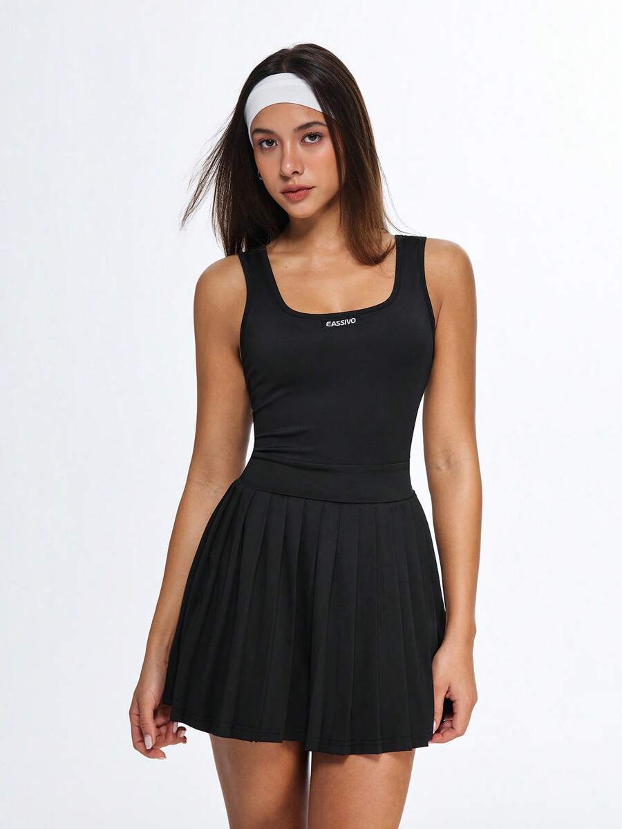 Eassivo Eassivo Đầm thể thao nữ không tay màu trơn, kiểu dáng thường ngày - màu đen - Xem 1
