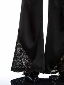 LYSMO 女士蕾丝领长袖连体裤和抽绳腰阔腿裤两件套，休闲日常穿着 - 黑色 - 查看 8