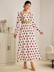 Al Najma Women's Elegant Floral Print V-Neck Arabic Style Dress - White - View 6