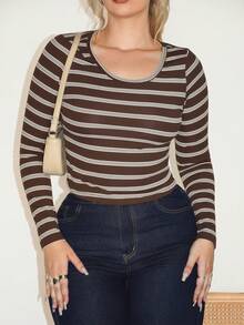 Arliah Camiseta ajustada de manga larga y cuello redondo casual a rayas para mujer - Marrón - Ver 6