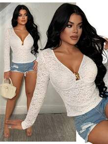 SHEIN SXY Women's Sexy Sheer White Lace Long Sleeve Fitted Blouse, Spring/Summer/Autumn,Mesh ,White Top,Valentine's Day ,Spring , - White - View 1