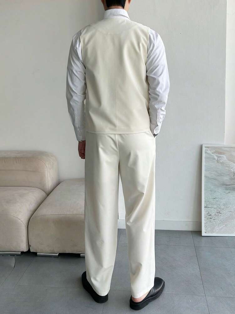 Men's Solid Color V-Neck Single-Breasted Vest Top And Pants Casual Commuting Office Suit Set