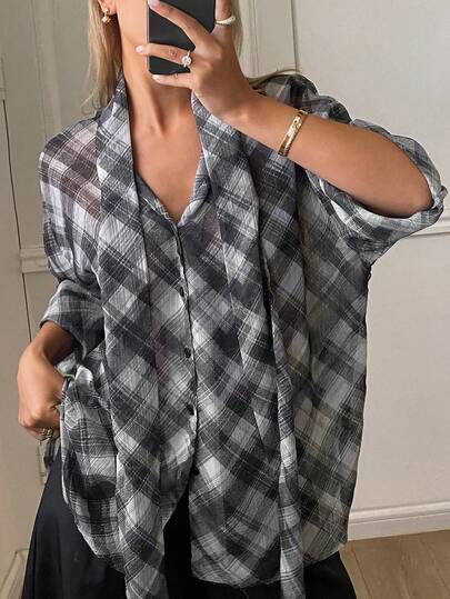 Livesso Blusa casual de mujer de manga larga y holgada de gasa de unicolor con cuello de corbata, para verano