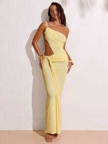 SHEIN BAE Women's Casual Vacation Ruched Waist Hollow Out Drawstring Oblique Shoulder Maxi Sexy Elegant Dress, Suitable For Beach Vacation, Girlfriend Gathering, Cocktail Party, Brunch Party, Birthday Party, Wedding, Yellow Dress, Sexy Yellow Dress - Light Yellow - View 3