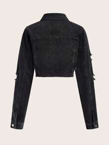 SHEIN MOD Heart Embroidery Ripped Raw Hem Denim Jacket - Black - View 2