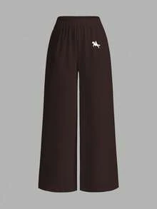 SHEIN EZwear 女士休闲度假阔腿裤，适合夏季和度假穿着 - 棕色 - 查看 2