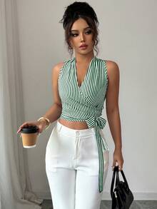 Elenzga Áo tank top dệt kim dành cho nữ, kiểu dáng giản dị và thanh lịch, thích hợp cho kỳ nghỉ hè. - Màu xanh lá cây đậm - Xem 3