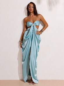 SHEIN BAE 女士优雅浪漫度假沙滩露背吊带缎面连衣裙，适合沙滩度假、聚会、派对、约会、婚礼等场合。 - 藍色 - 查看 5