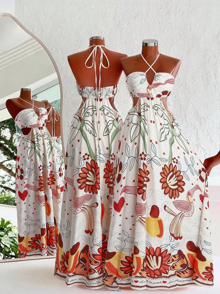 Sweetra Casual Comfortable Beach Resort Print Slip Dress - Orange - View 1