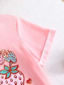 SHEIN Playful Pals 两件套女童草莓印花圆领短袖上衣和裤子，休闲夏季套装 - 藕粉色 - 查看 6