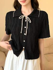 FRIFUL Women's Polo Collar Open Front Bow Tie Decor Loose Short Cute T-Shirt - Black - View 3